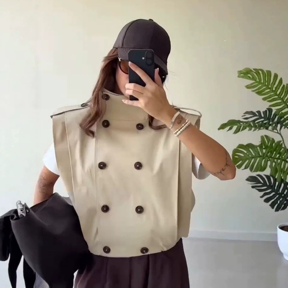 Damen kastig geschnittene Trenchjacke im Kurzschnitt mit Doppelreihe, Stehkragen und Schulterklappen Shop Nory