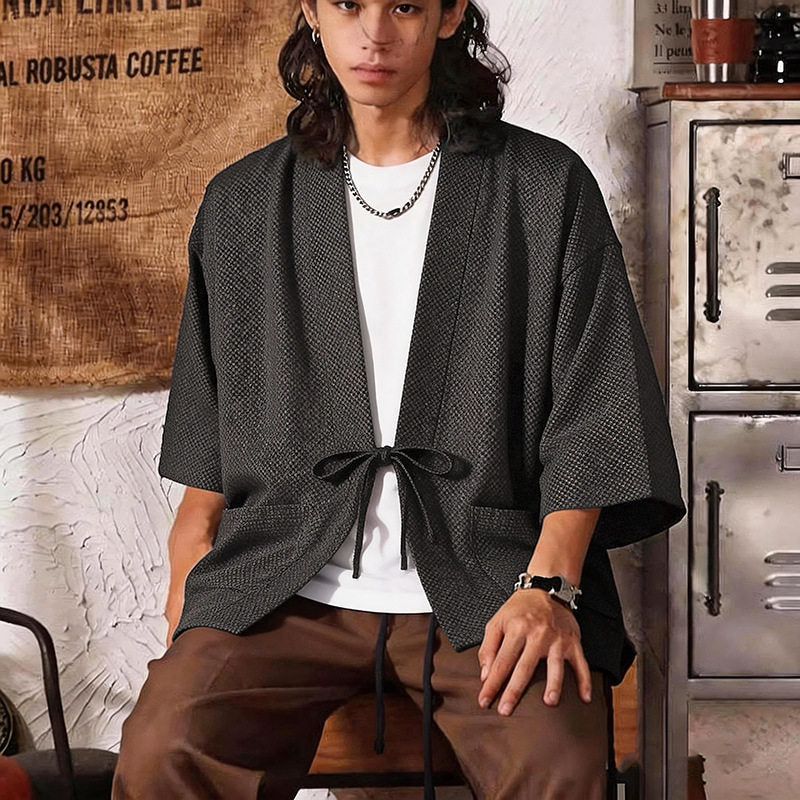 Herren Lockerer Kimono-Cardigan aus strukturierter Baumwollmischung mit kurzem Ärmel und Bindeband Shop Nory