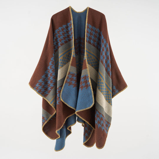 Damen Wohliger Oversize-Umhangponcho aus Wollmix mit Hahnentritt- und Grafikjacquard Shop Nory