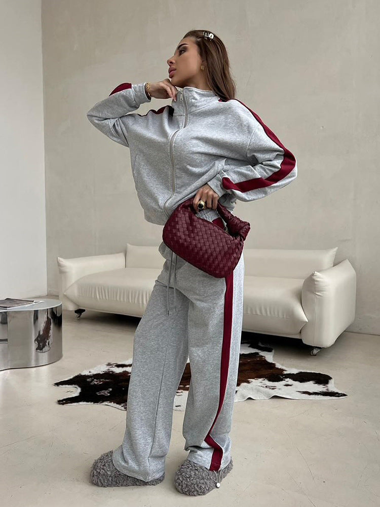 Damen Velours-Loungewear-Set mit Stehkragen, Zip-Jacke und weitem Palazzo-Hosenbein Shop Nory