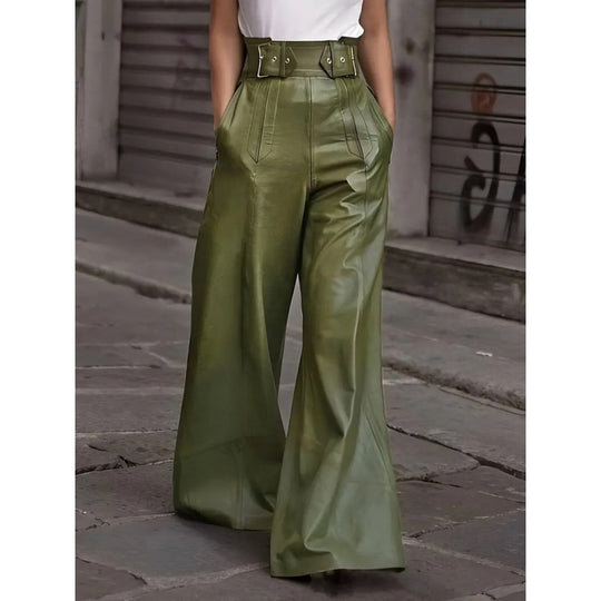 Damen weite High-Waist Palazzo-Hose aus Lederimitat mit Breitbund Shop Nory