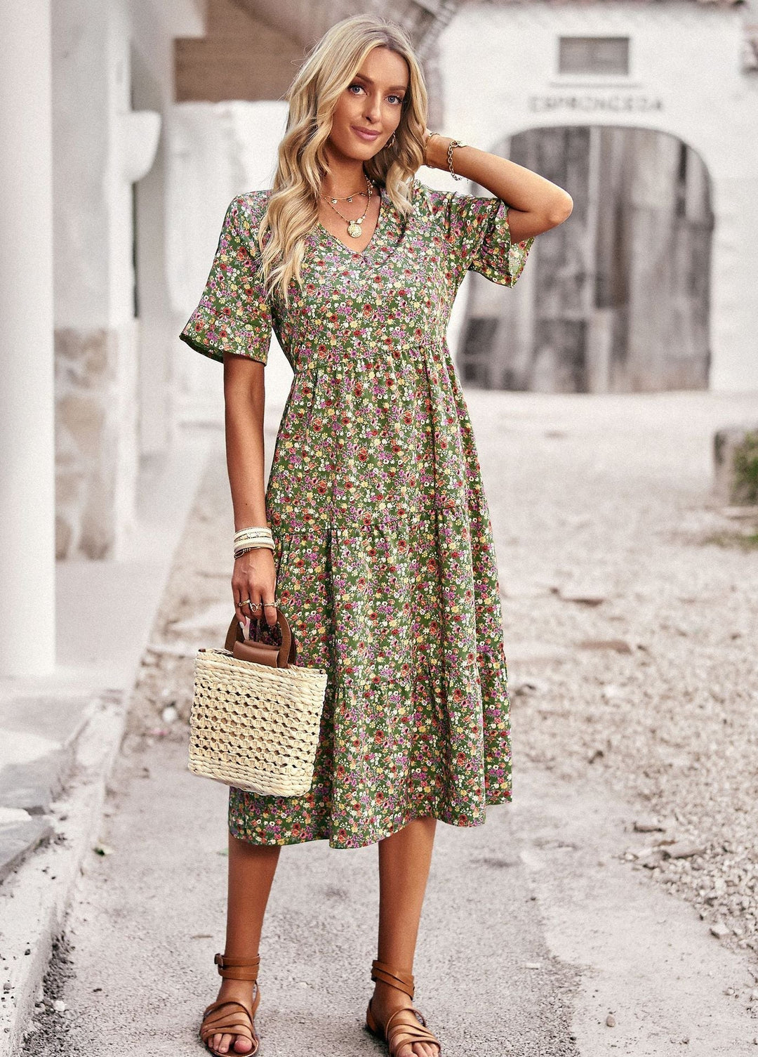 Damen Midi-Kleid mit Floralem Muster und Verspieltem V-Ausschnitt