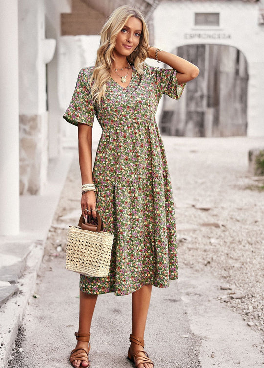 Damen Midi-Kleid mit Floralem Muster und Verspieltem V-Ausschnitt