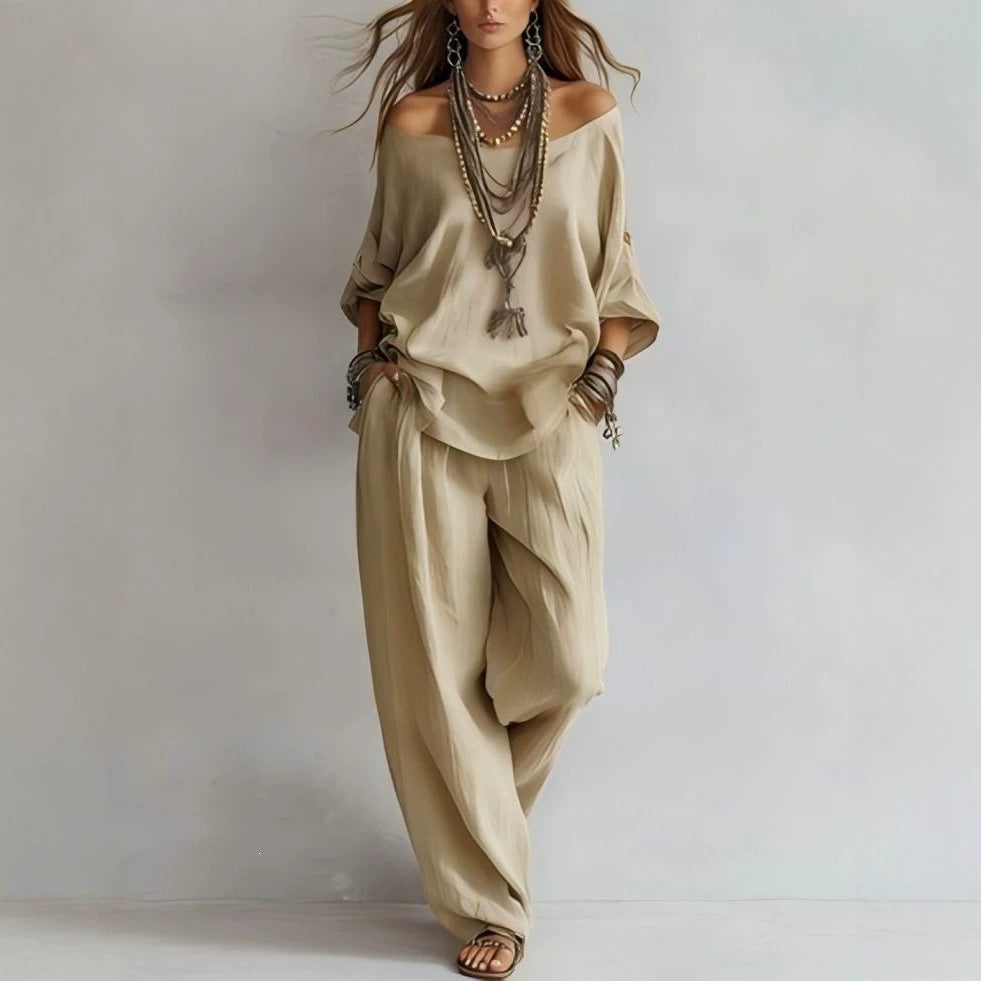 Damen Lässiges Leichtes Lounge-Set mit Carmenausschnitt und Palazzo-Hose Shop Nory
