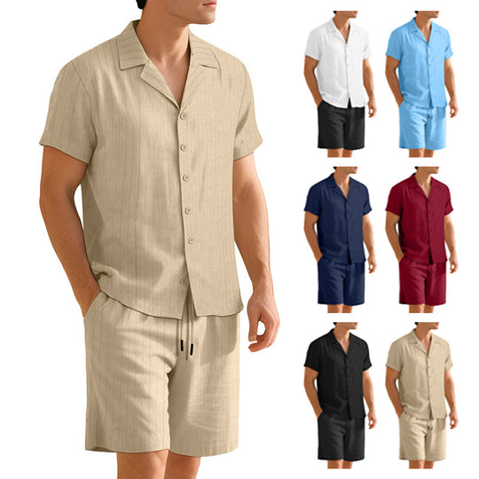 Herren nan Rippenstrick Lounge-Set mit Reverskragen Kurzarmhemd und Komfort-Bermuda Shopnory