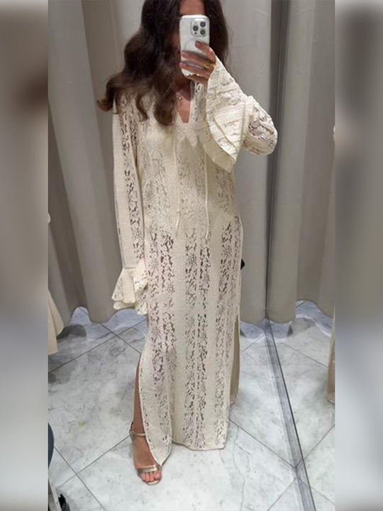 Damen Spitzen-Maxikleid mit V-Ausschnitt, Glockenärmeln und seitlichem Schlitz Shop Nory
