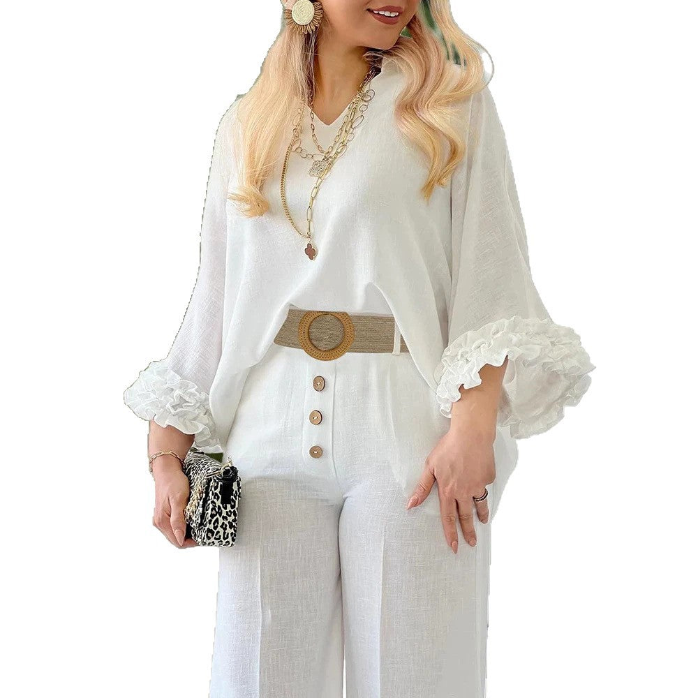 Damen Hochtaillierte Palazzo-Hose mit Knopfblende und Eingrifftaschen Shop Nory