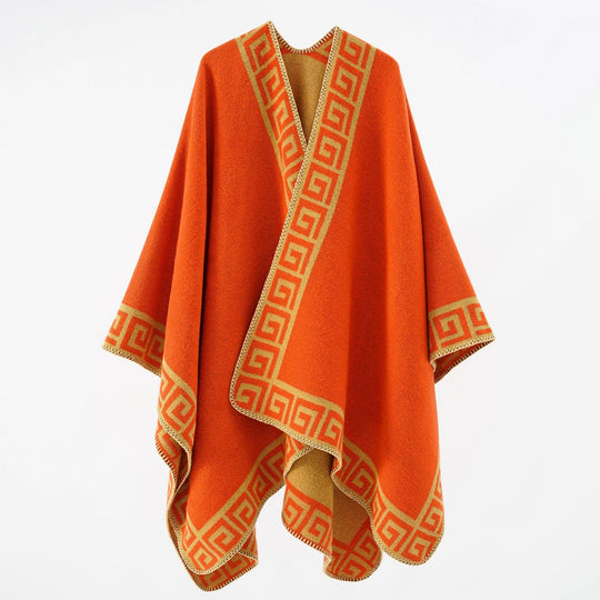 Damen Wollmix-Cape mit griechisch inspiriertem Bordürmuster und offenem Kimonofall Shop Nory