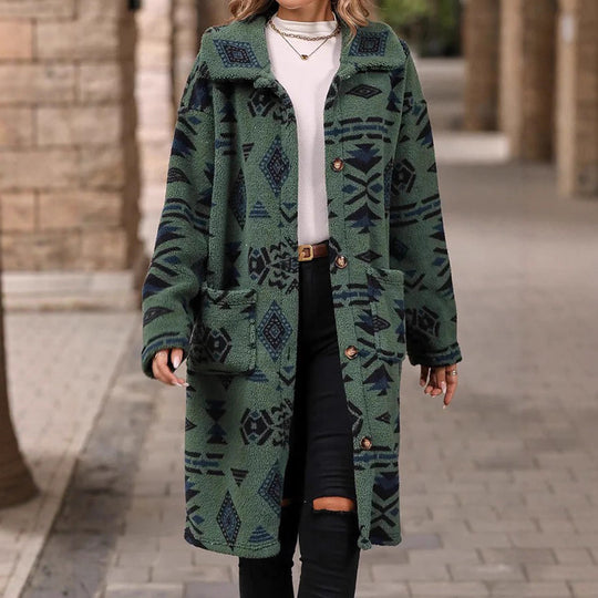 Damen Teddy-Mantel mit Aztekenmuster, Knopfleiste und aufgesetzten Taschen Shop Nory