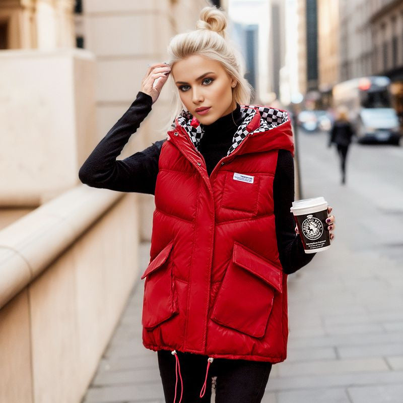 Damen gesteppte Winterweste mit verstellbarer Kapuze und praktischen Taschen Shopnory