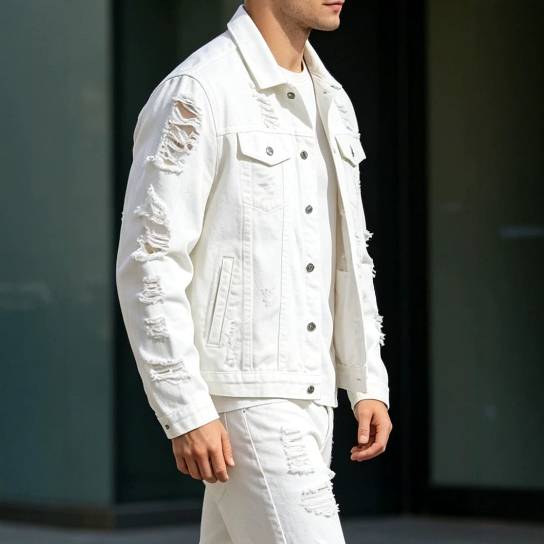 Herren Modische Jeansjacke mit Zerrissenen Details Shop Nory