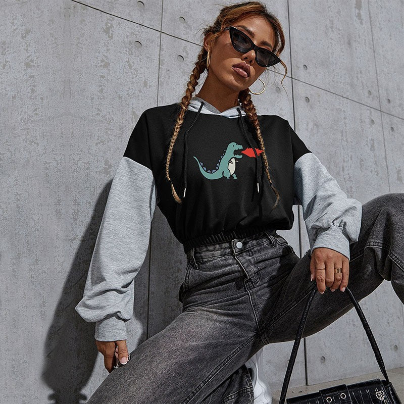 Damen Kurz geschnittener Colorblock-Kapuzenpullover mit Tunnelzug, elastischem Saum und Print Shop Nory