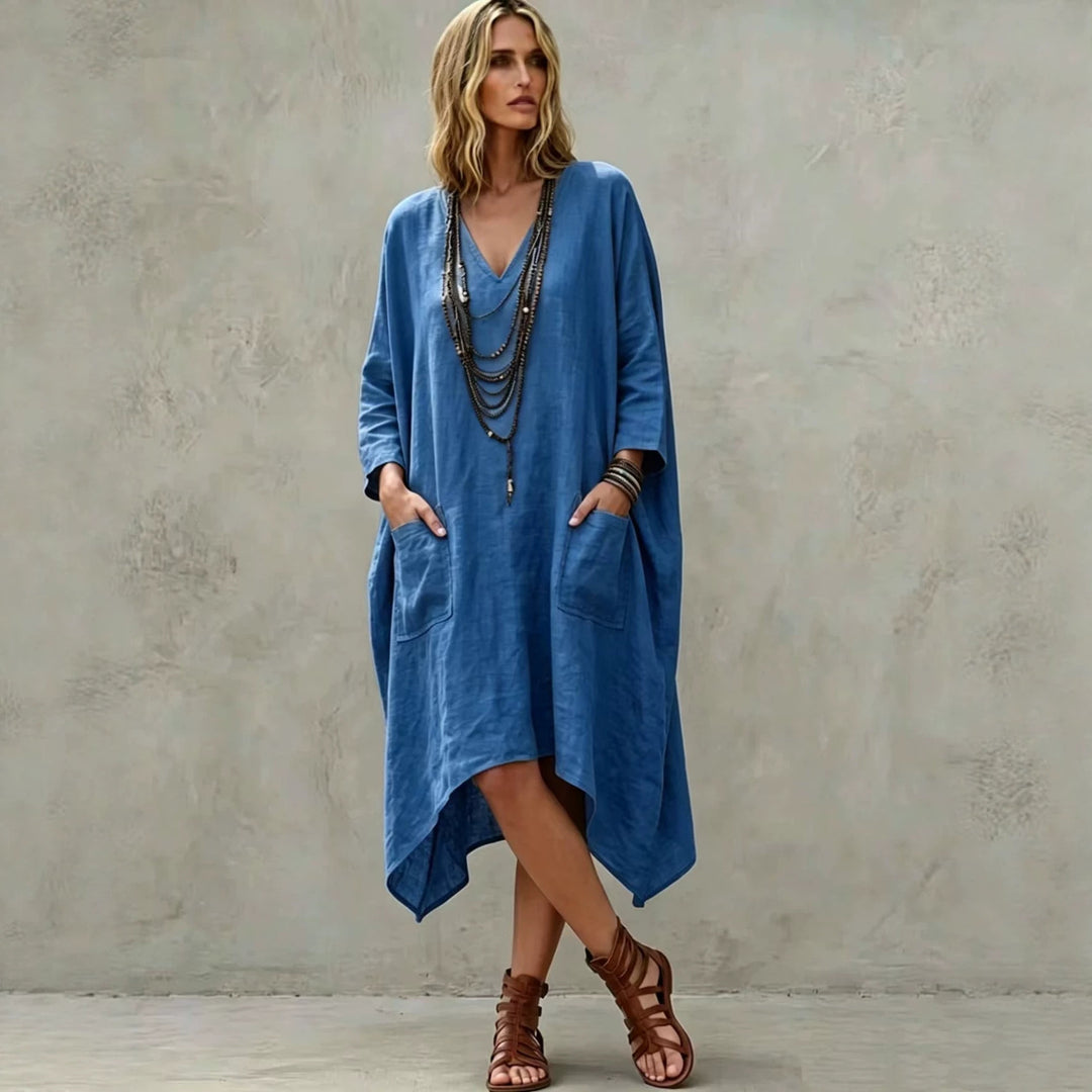 Damen nan Oversize Kaftankleid mit V-Ausschnitt, Eingrifftaschen und asymmetrischem Saum Shop Nory
