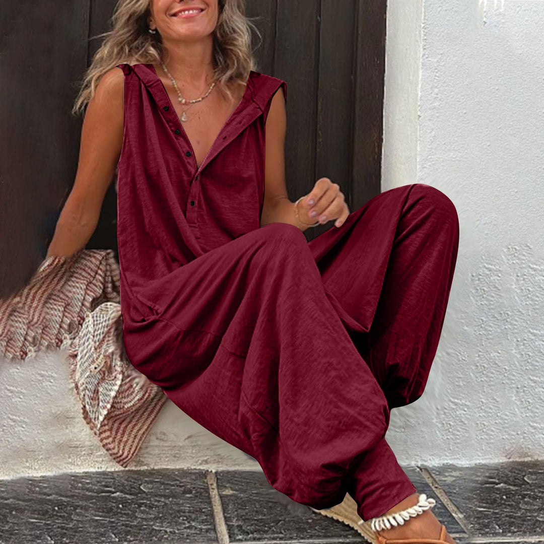 Damen Lässiger Jumpsuit mit Kapuze und Knopfverschluss