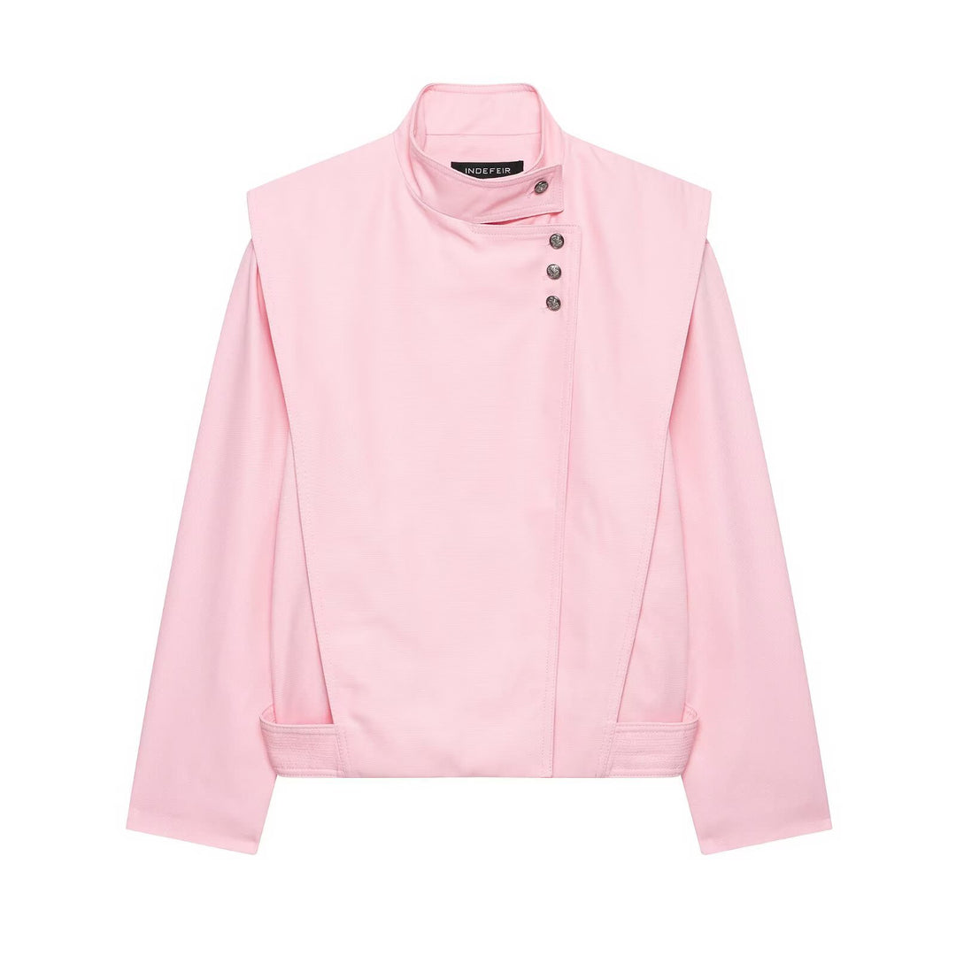 Damen Kurze asymmetrische Jacke mit hohem Stehkragen und Cape‑Schulter Shop Nory