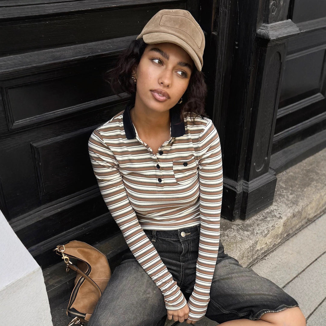 Damen nan gestreiftes Polo-Crop-Longsleeve mit kontrastkragen und Brusttasche Shop Nory