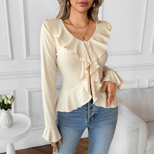 Damen Chiffon-Volantbluse mit Knopfleiste, Tailliertem Schößchen und Rüschenkragen Shop Nory