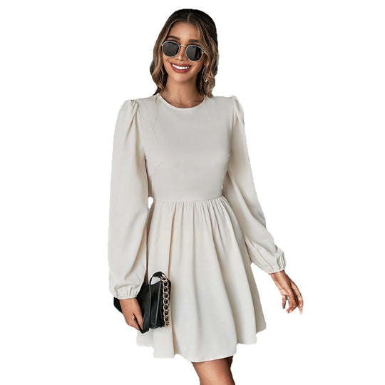 Damen schickes Cocktailkleid mit geraffter Taille, langen Ballonärmeln und rundem Ausschnitt Shop Nory