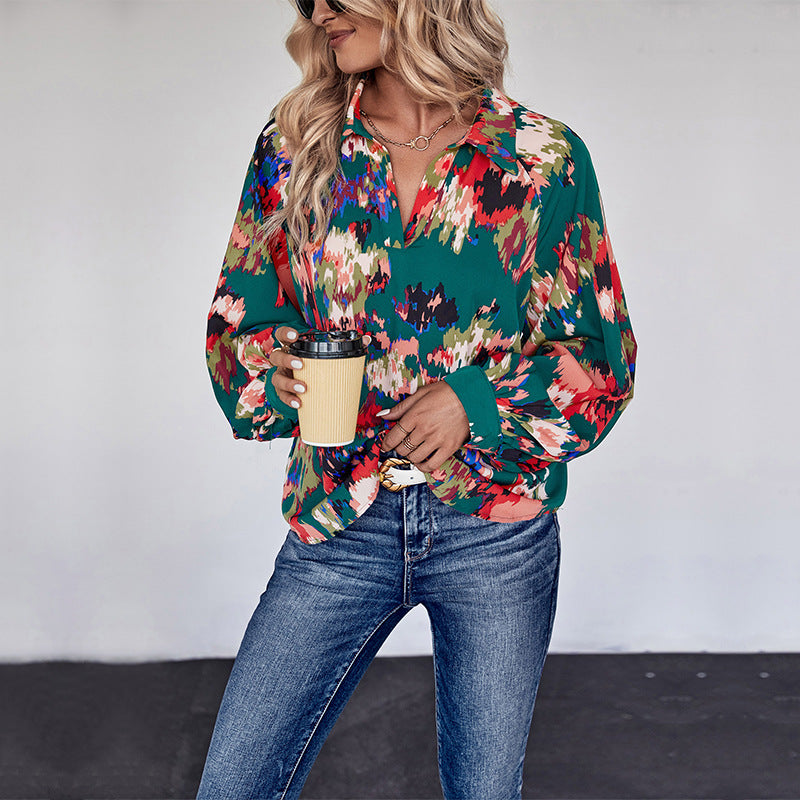 Damen Weites Blusenshirt mit Hemdkragen, abstraktem Print und Ballonärmeln Shop Nory