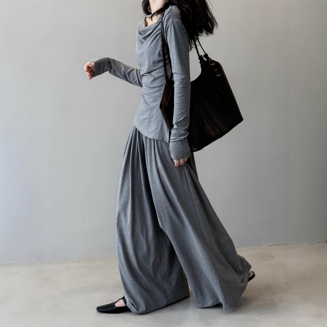 Damen Zweiteiliges Jersey-Set mit asymmetrischem Wasserfallkragen und weitem Maxirock Shop Nory