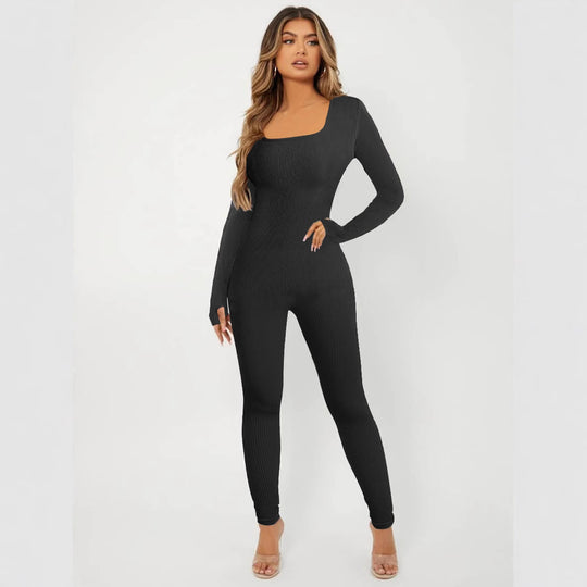 Damen Rippstrick Skinny Jumpsuit mit Quadratischem Ausschnitt, Langen Ärmeln und Daumenloch Shop Nory