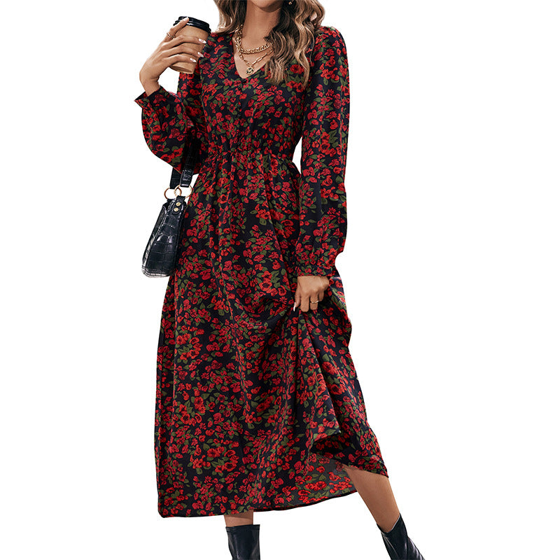 Damen Langes florales Maxikleid mit V-Ausschnitt, gerafftem Smokbund und fließendem A‑Linien‑Rock Shop Nory