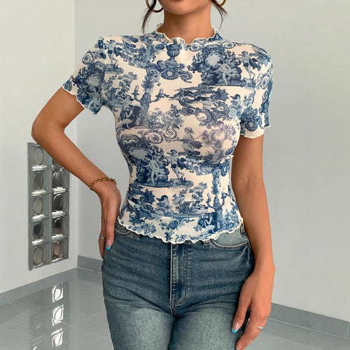 Damen Kurzes T-Shirt mit kreativem Druck und elegantem Stehkragen