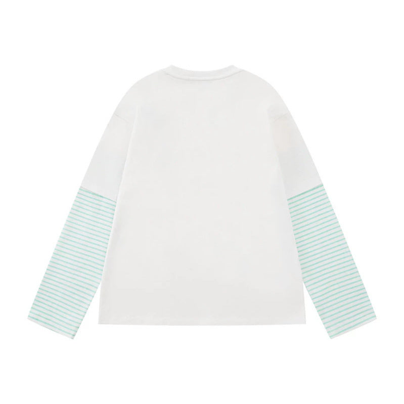 Damen Lagen-Langarmshirt im Layer-Look mit gestreiften Einsatzärmeln und verspieltem Grafik-Doodle-Print Shop Nory