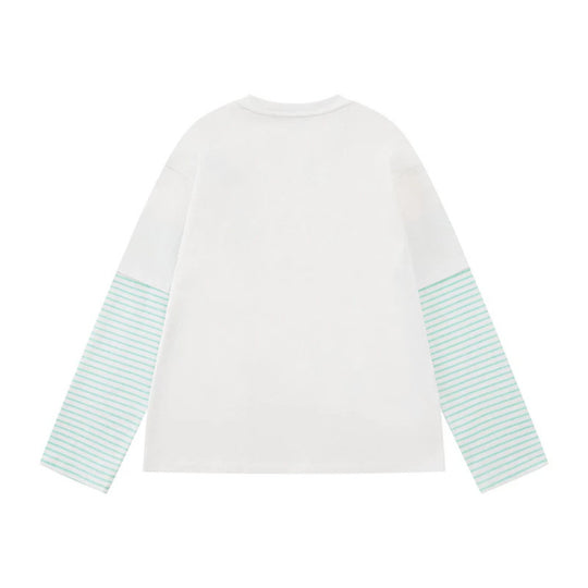 Damen Lagen-Langarmshirt im Layer-Look mit gestreiften Einsatzärmeln und verspieltem Grafik-Doodle-Print Shop Nory