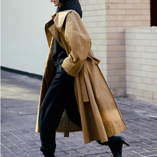Damen Maxilanger Trenchcoat mit übergroßer Schulterpasse, Taillengürtel und voluminösen Ärmeln Shop Nory