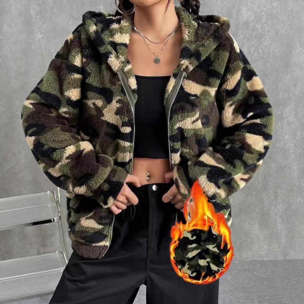 Damen Teddy-Fleece Kapuzenjacke im Camouflage-Look Shop Nory