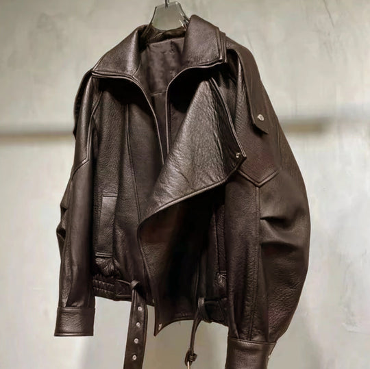 Herren Oversized Lederjacke mit weitem asymmetrischen Revers und Taillengürtel Shop Nory