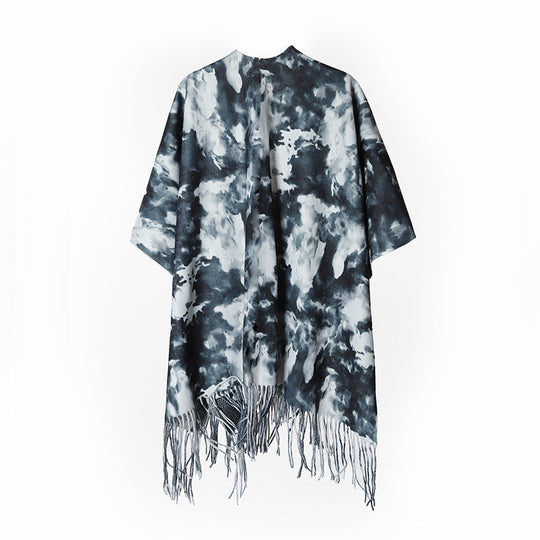 Damen Überwurfponcho im Kimono-Stil mit wolkenartigem Aquarellmuster und Fransensaum Shop Nory