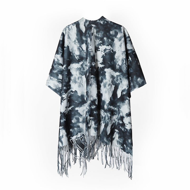Damen Oversize-Poncho im Cloud-Print mit V‑Ausschnitt und langen Fransen Shop Nory