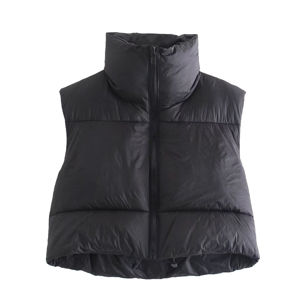 Damen cropped Daunenweste mit hohem Kragen und praktischen Taschen