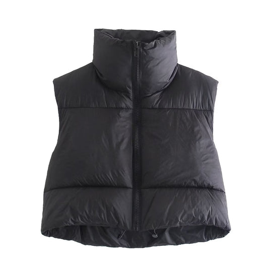 Damen cropped Daunenweste mit hohem Kragen und praktischen Taschen