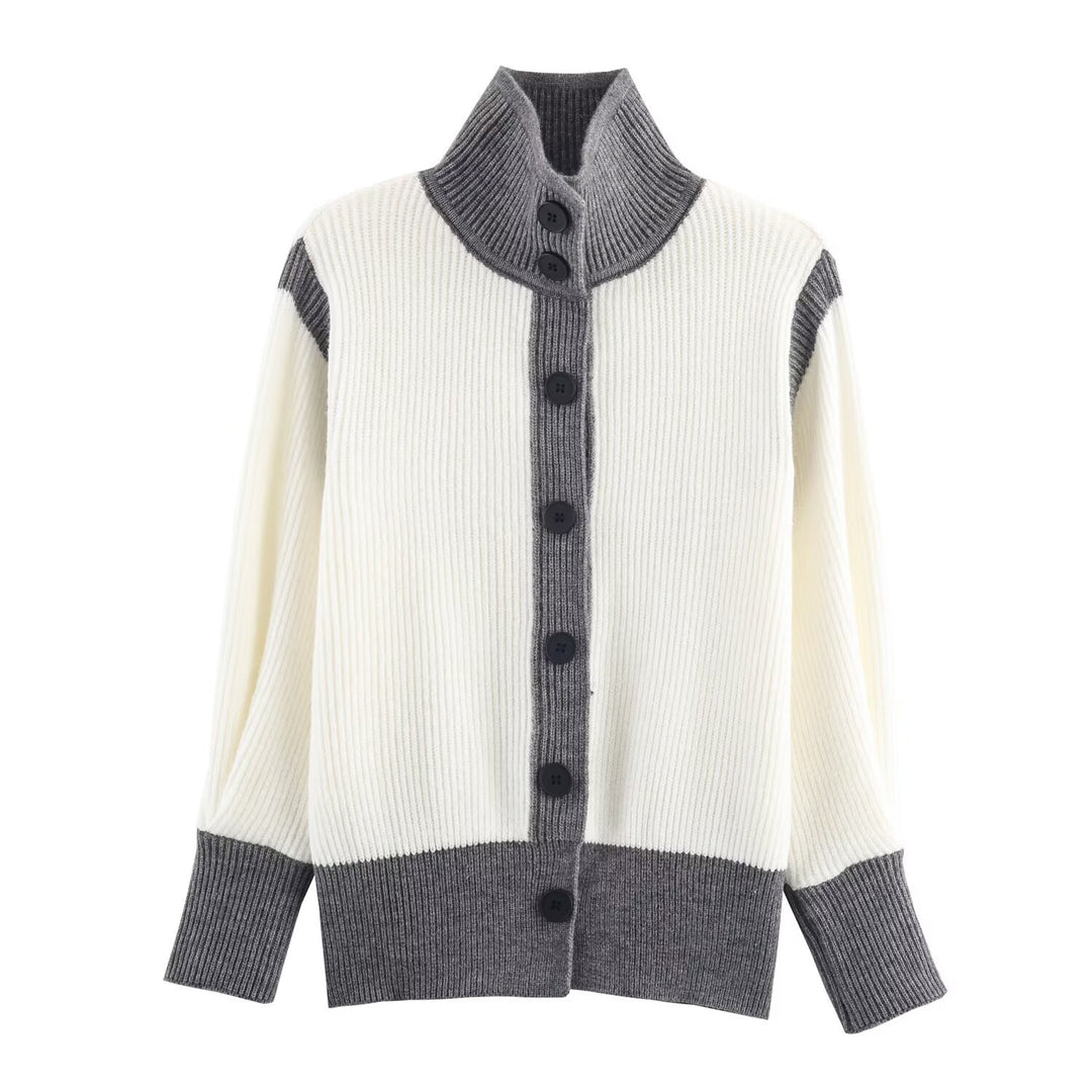 Damen Oversize Rippstrick-Cardigan mit hohem Kragen, Kontrastblende und Knopfleiste Shop Nory