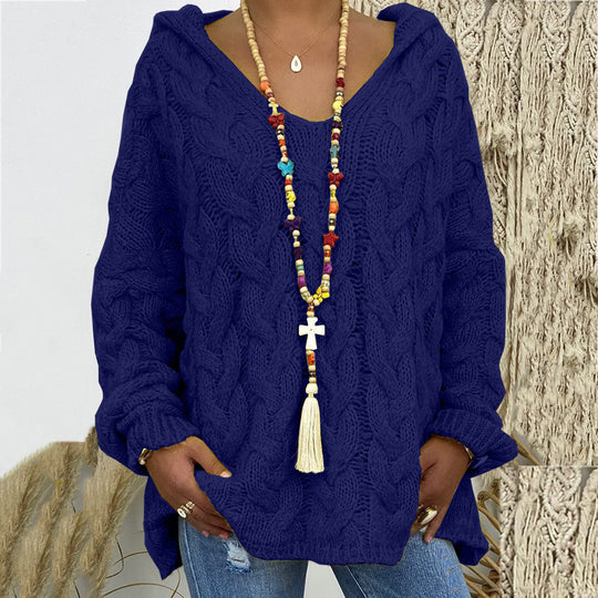 Damen nan oversized Kapuzenpullover mit Zopfmuster, tiefem V-Ausschnitt und seitlichen Schlitzen Shop Nory