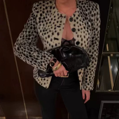 Damen Kurze Kunstfelljacke mit Leopardenmuster und Rundhalsausschnitt Shop Nory