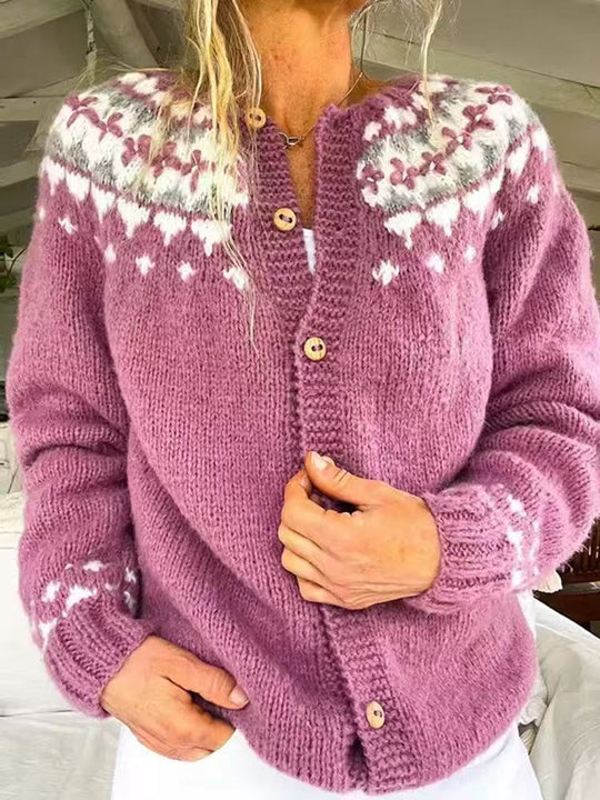 Damen nan gemusterte Strickjacke mit Rundpasse, Holzknöpfen und Eingrifftaschen Shop Nory