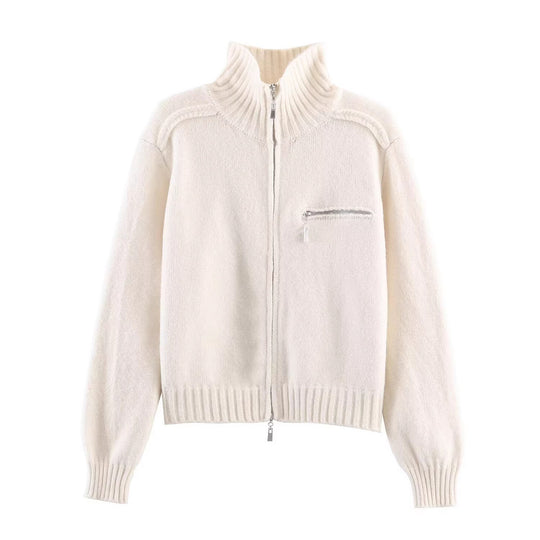 Damen Grobgestrickte Reißverschluss‑Strickjacke mit hohem Rippkragen und Brusttasche Shop Nory