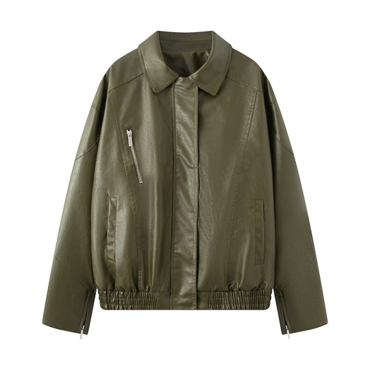 Damen Oversized Kunstleder-Bomberjacke mit elastischem Saum, verdeckter Druckknopfleiste und schräger Reißverschlusstasche Shop Nory