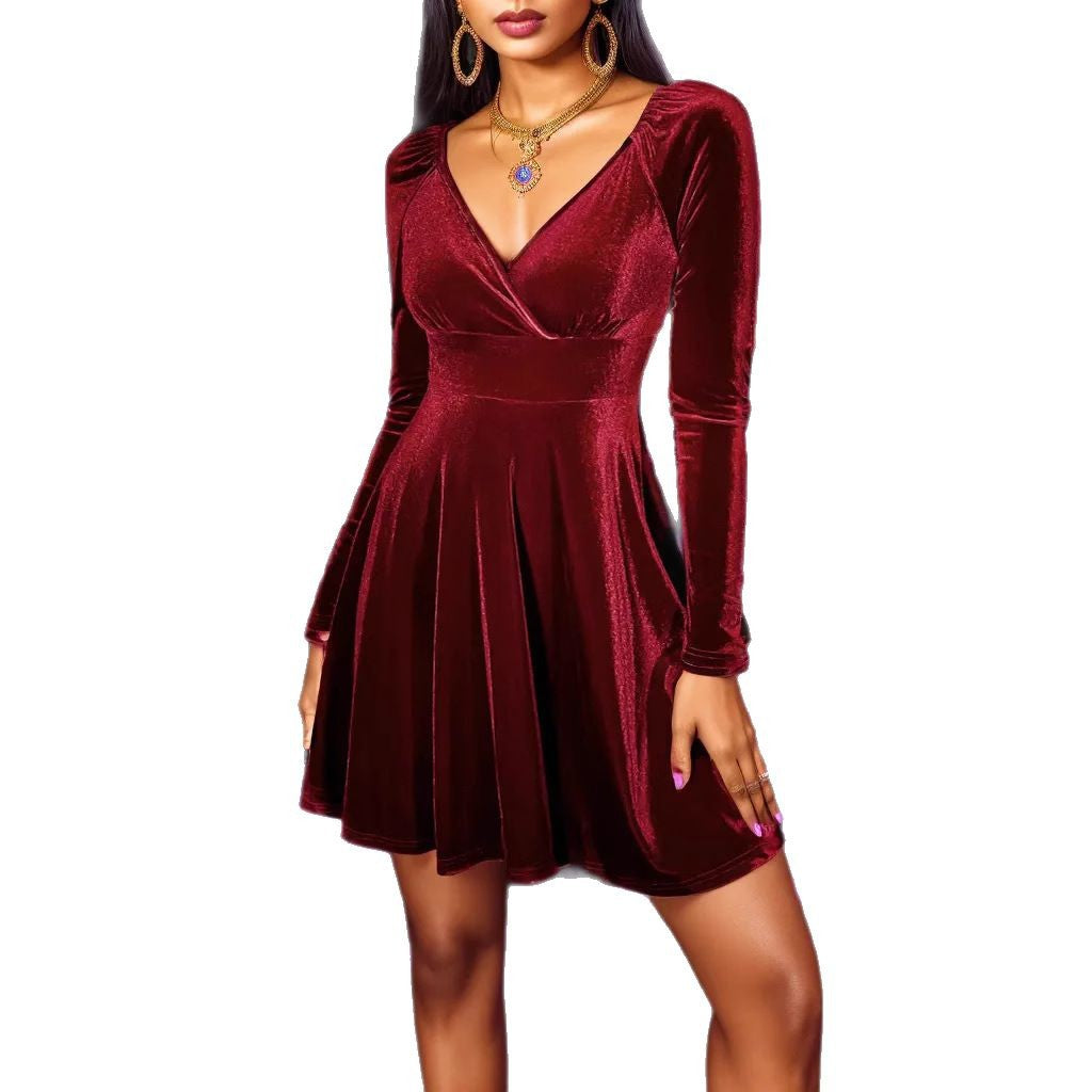 Damen Samt-Wickelkleid mit taillierter Silhouette, V-Ausschnitt und ausgestelltem Rock Shop Nory