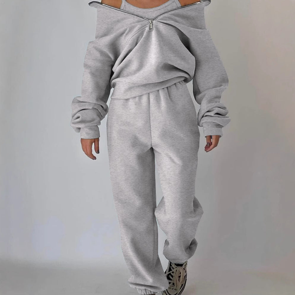 Damen Lässiger Oversized-Hoodie und Jogginghose Set mit Praktischem Reißverschluss
