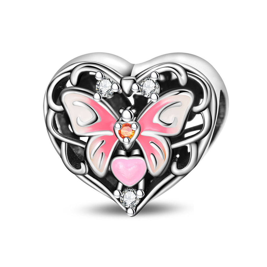 Filigraner Herz-Charms Anhänger mit Rosenmotiv und Zirkonia