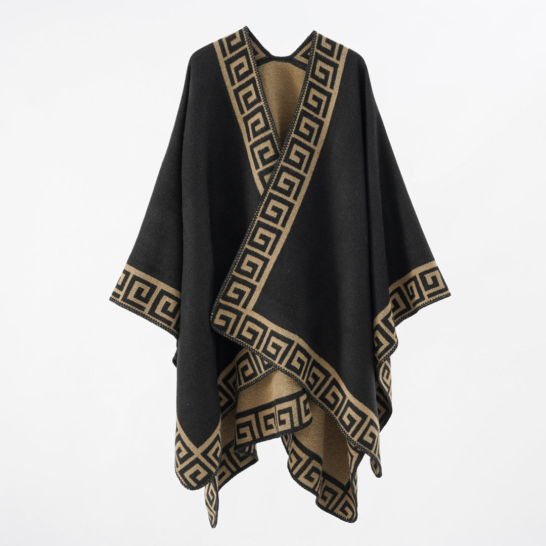 Damen Cape‑Poncho mit Mäander‑Bordüre und Wollmix‑Qualität Shop Nory