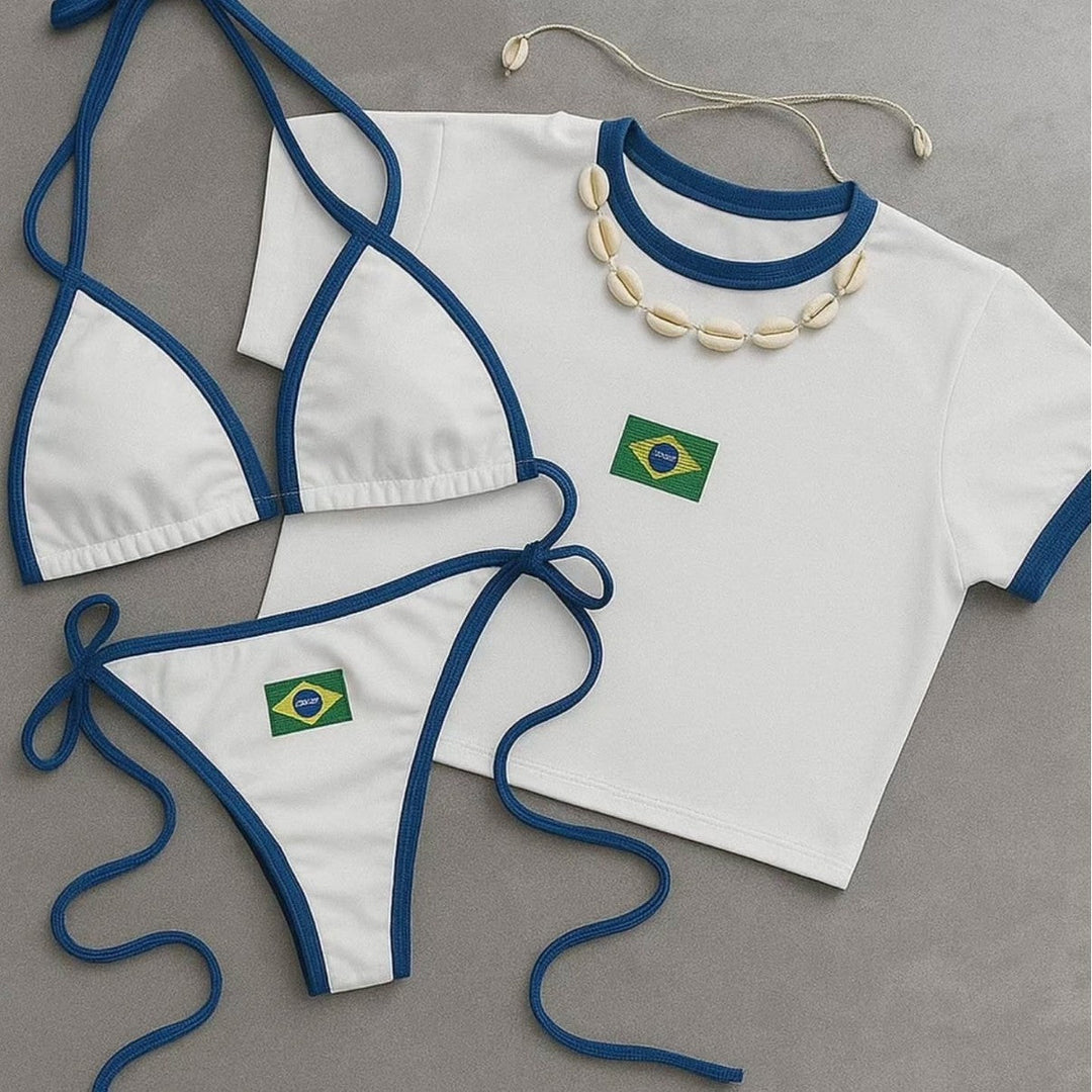 Damen Bikini-Set mit sportlichem Crop-Top und trendigem Brasilien-Flaggen-Design Shopnory