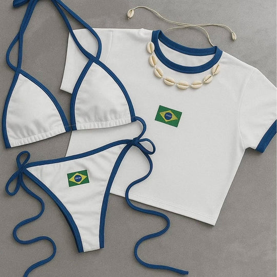 Damen Bikini-Set mit sportlichem Crop-Top und trendigem Brasilien-Flaggen-Design Shopnory