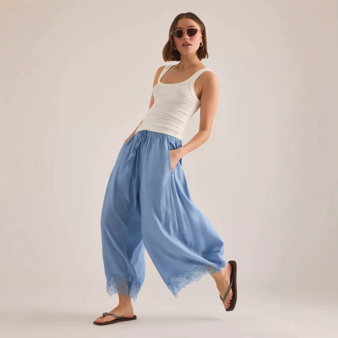 Damen Weite Palazzo-Hose mit elastischem Tunnelzugbund und Spitzenbesatz Shop Nory