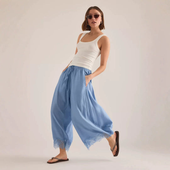 Damen Weite Palazzo-Hose mit elastischem Tunnelzugbund und Spitzenbesatz Shop Nory